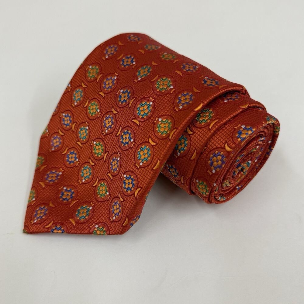 Ventura Tom James Tie Rust Orange Medallion Foulard 100% Silk Hand Tailored